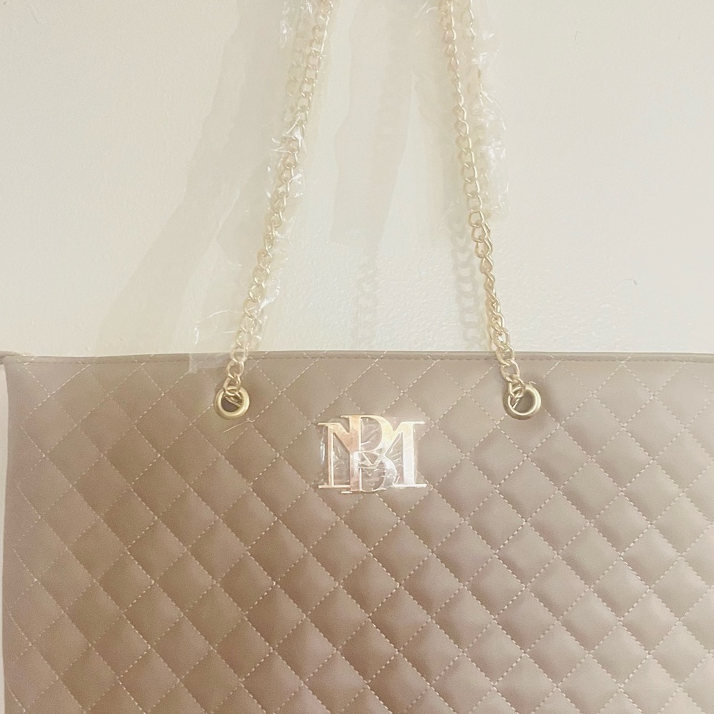 Badgley Mischka Quilted Taupe Tote with Gold Chain Handles